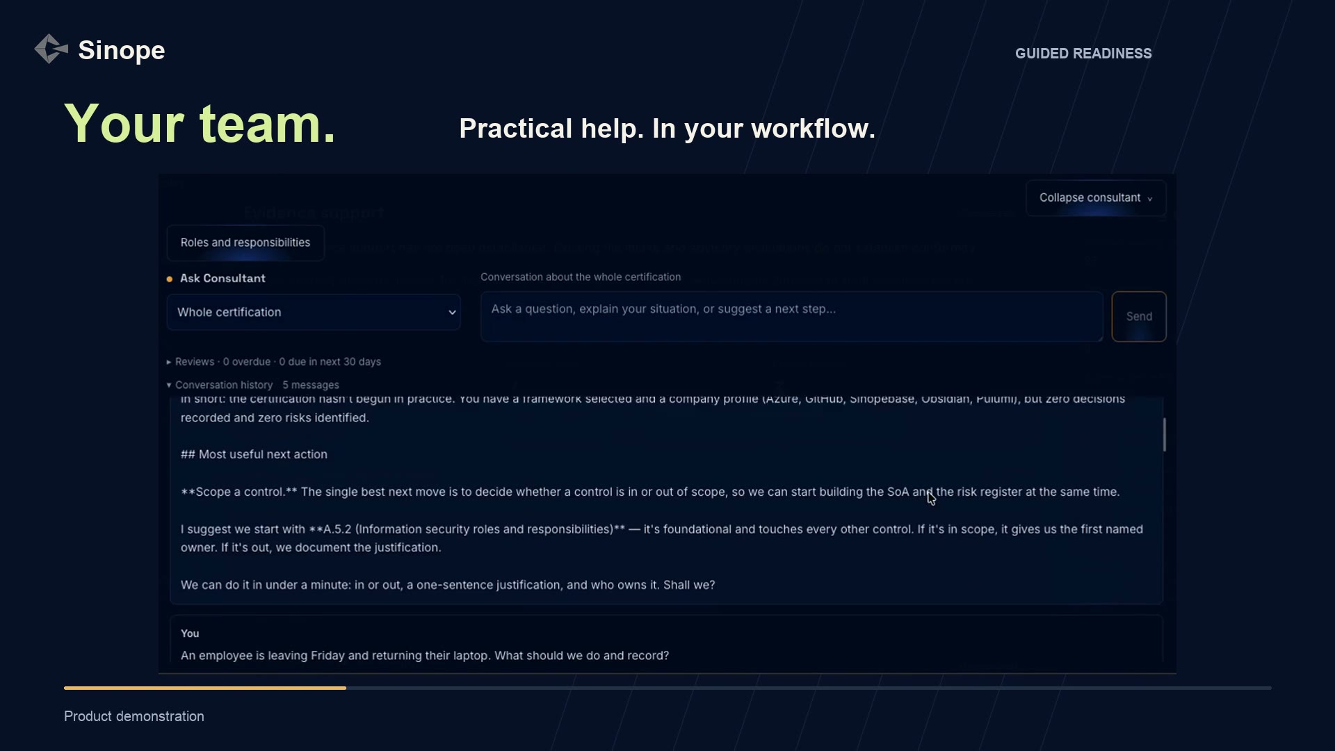 Sinope demonstration showing a guided company-context interview